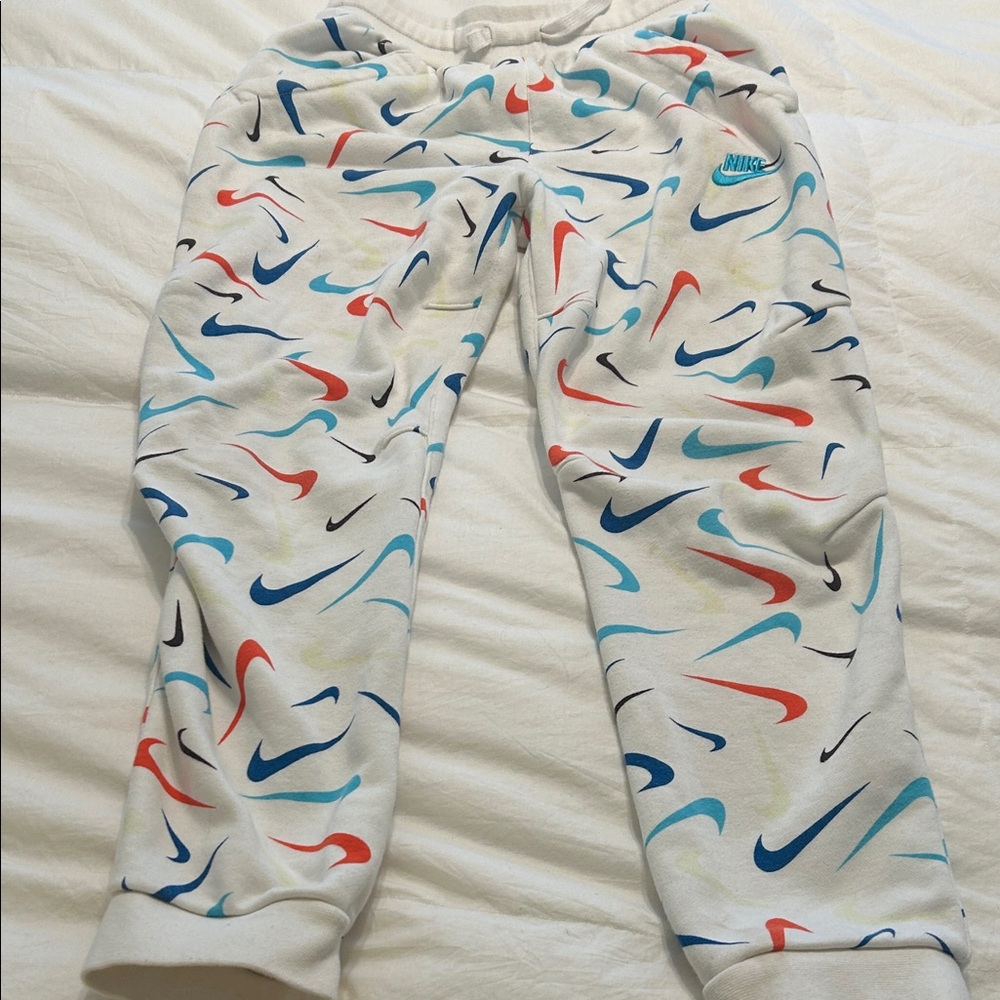 Nike White Sweatpants with Colorful Swooshes